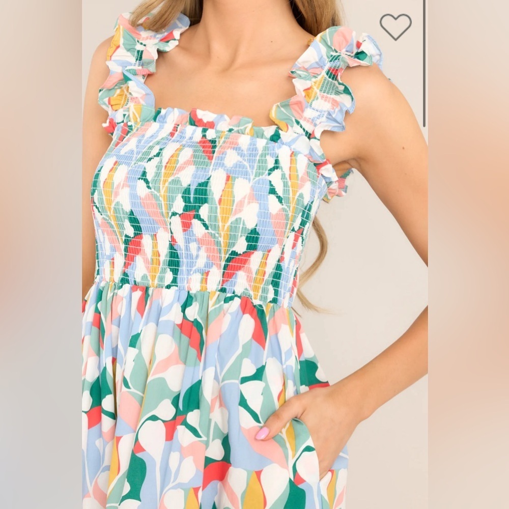 NEW Blue Multi Print Smocked Midi Dress - Picture 2 of 9